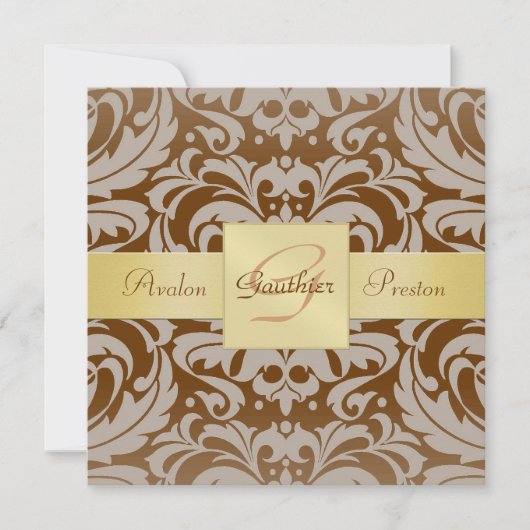 Invitation au ruban d'or Brown Damask Monogramme (Devant)