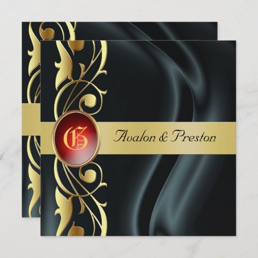 Invitation au ruby Marquis Black Silk Gold Scroll (Devant / Derrière)