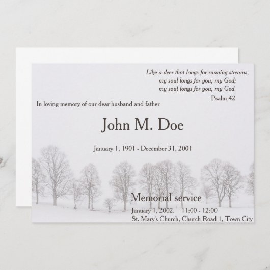 Invitation au service commémoratif avec arbres et  (Devant / Derrière)