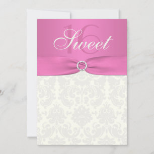 Invitation au Sweet sixteen de Damas rose et ivoir