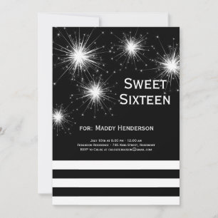 Invitation au Sweet sixteen Fireworks noir et blan