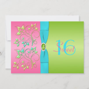 Invitation au Sweet sixteen rose, aqua et citron v