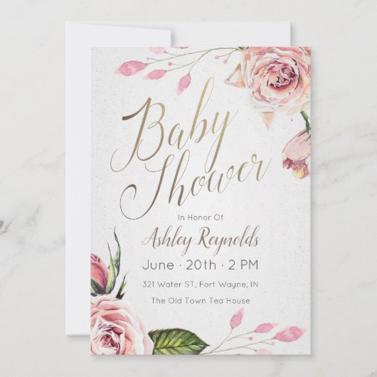 Invitation au Tea Party Baby shower rose (Devant)