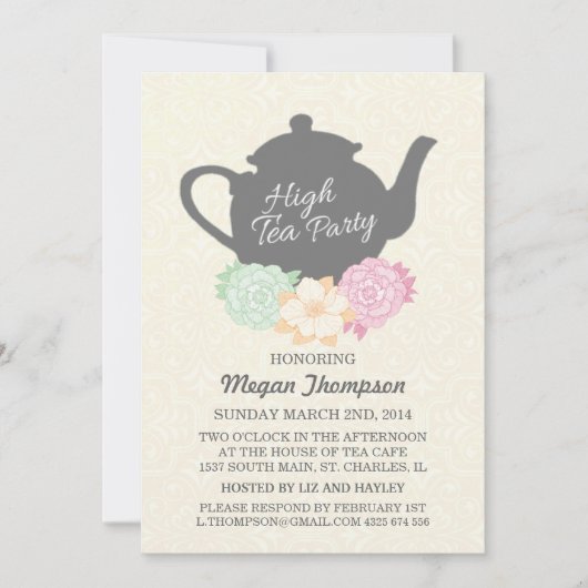 Invitation au thé élégant Damask & Téière (Devant)