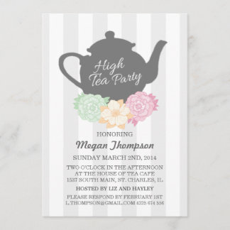 Invitation au thé élégant Gray Stripe & Teapot