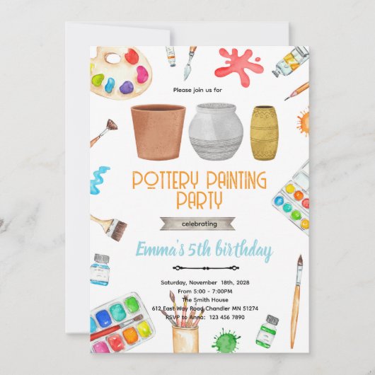 Invitation au thème de fête de peinture de poterie (Devant)