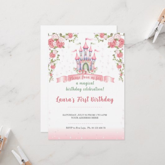 Invitation au thème de petite princesse. Fête pour (Devant/Arrière en situation)