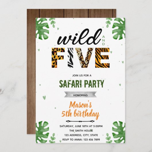 Invitation au zoo safari Wild and five (Devant / Derrière)