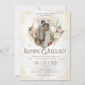 Invitation Auberge de mariage d'or et de fleurs élégante (Devant)