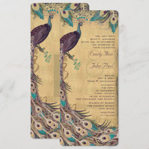 Invitation Aubergine Aqua et Paon Doré Vintage 3 Plumes