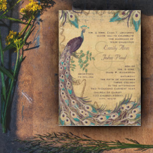 Invitation Aubergine Aqua Paon Vintage 3 Plumes