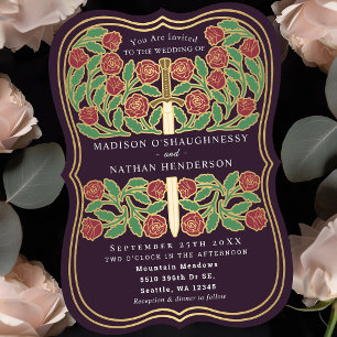 Invitation Aubergine Royal Floral Médiéval Épée Mariage