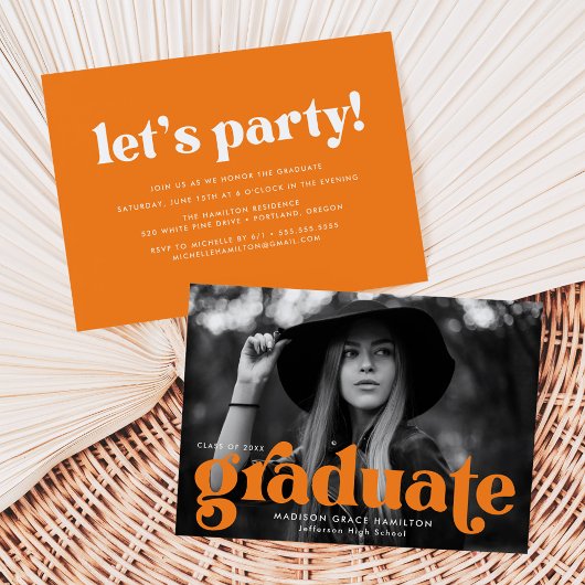 Invitation Audacieuse Typographie Orange Photo Graduation Par