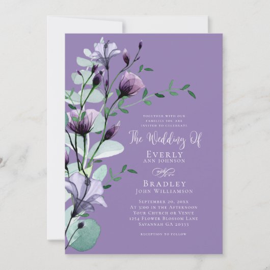Invitation Audacieux Dusty Purple Aquarelle Florale Boho Mari (Devant)