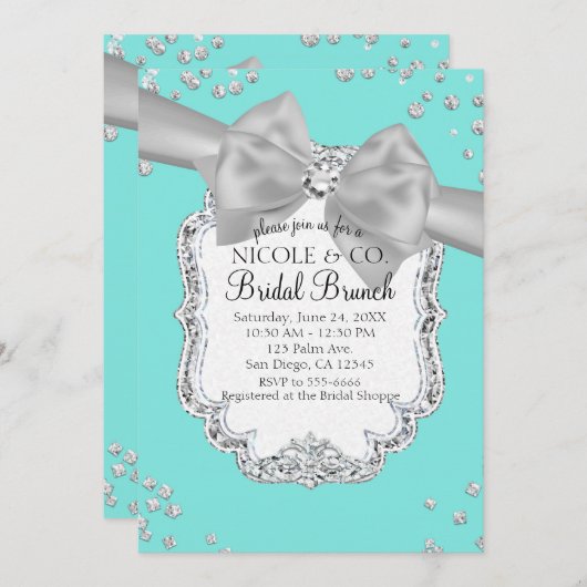 Invitation Audrey Blue Big White Bow Diamonds Fête des mariée (Devant / Derrière)