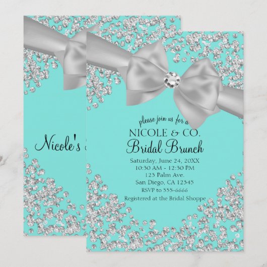 Invitation Audrey Blue Big White Bow Diamonds Fête des mariée (Devant / Derrière)