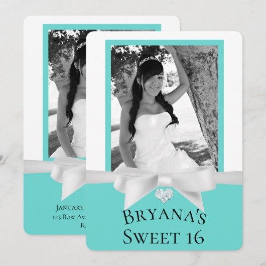 Invitation Audrey Turquoise Blanc Bow Moderne Sweet 16 Photo (Devant / Derrière)