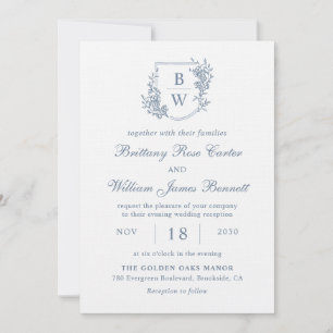Invitation [AURORA] Mariage de monogramme de crête bleue Vint