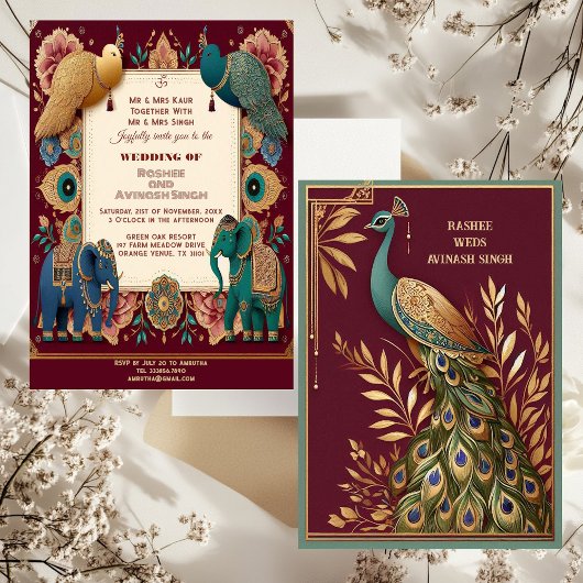 Invitation Auspicious Elephants Peacock Feather Ornate Indian