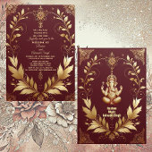 Invitation Auspicious Gold Ornate Maroon Leafy Swirls Indian