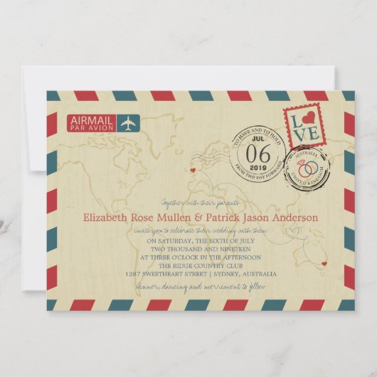 Invitation Australie / UK Antique Airmail | Mariage (Devant)