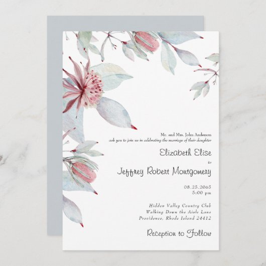 Invitation Australien Tropical Floral Dusty Blue Mariage (Devant / Derrière)