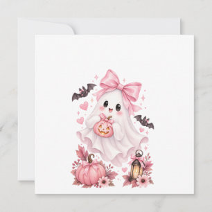 Invitation Autocollant Halloween Fantôme à Nœud Rose Mignon