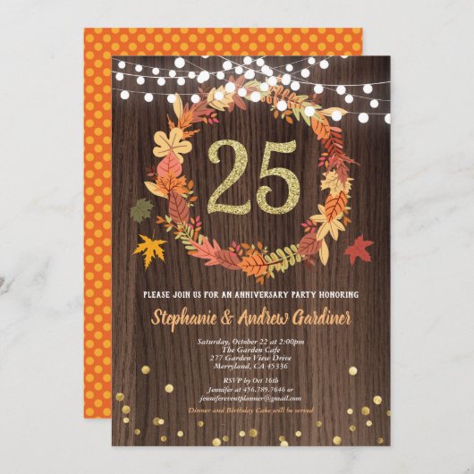Invitation Automne 25e anniversaire mariage Thanksgiving bois (Devant / Derrière)