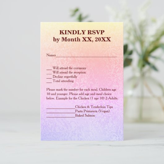 Invitation Automne Abstrait Shimmer rose violet menu RSVP (Debout devant)
