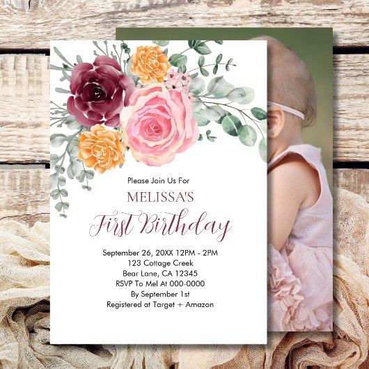 Invitation Automne Anniversaire Fille Bourgogne Blush Rose Fl