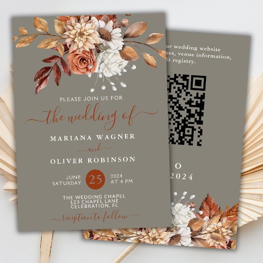 Invitation Automne Aquarelle Floral Grey QR CodeWedding