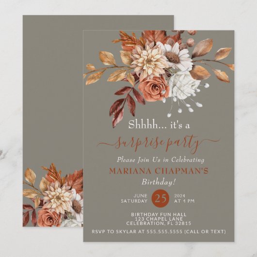 Invitation Automne Aquarelle Floral Grey Surprise Party (Devant / Derrière)