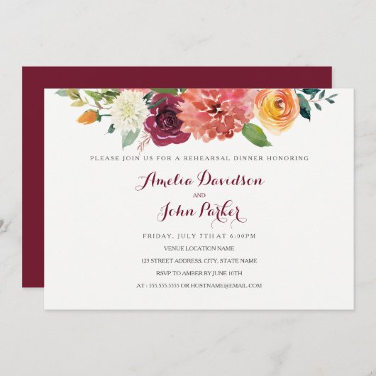 Invitation Automne Aquarelle Floral Mariage Dîner de répétiti (Devant / Derrière)