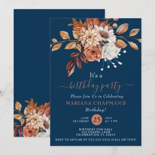 Invitation Automne Aquarelle Florale Marine Bleu fête d'anniv (Devant / Derrière)