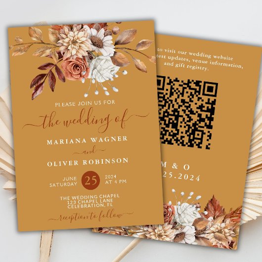 Invitation Automne Aquarelle Florale sur Gold QR Code Mariage