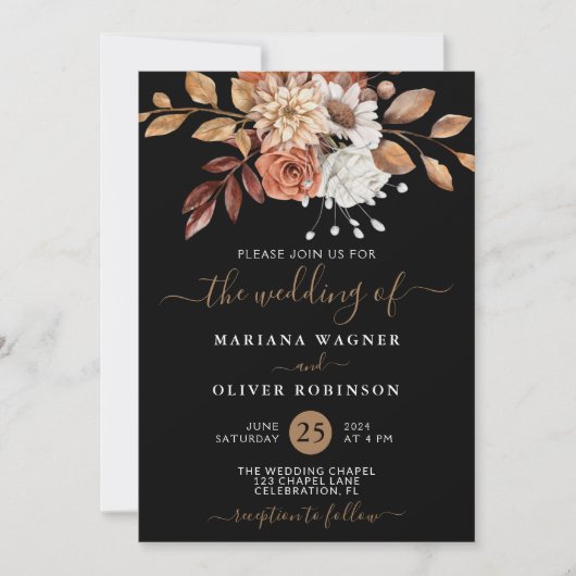 Invitation Automne Aquarelle Florale sur Mariage noir (Devant)