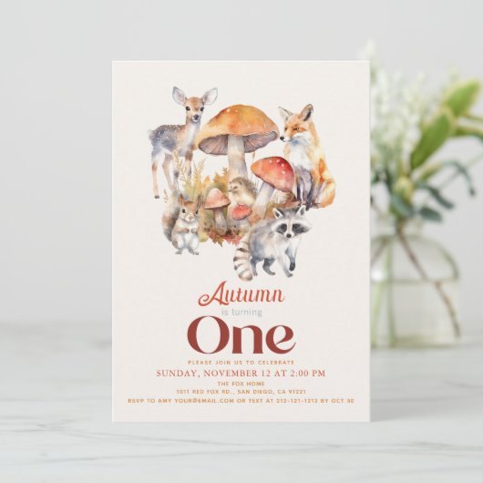 Invitation Automne/Automne Champignons Bois Animaux 1er anniv (Debout devant)