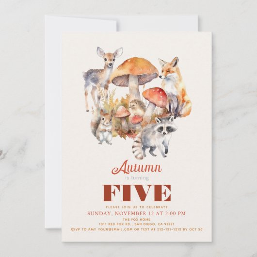 Invitation Automne/Automne Champignons Bois Animaux Anniversa (Devant)