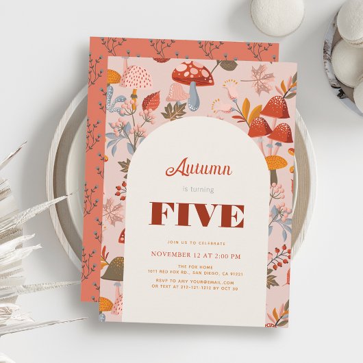 Invitation Automne/Automne Champignons et Fleur sauvage rose 