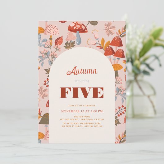 Invitation Automne/Automne Champignons et Fleur sauvage rose  (Debout devant)