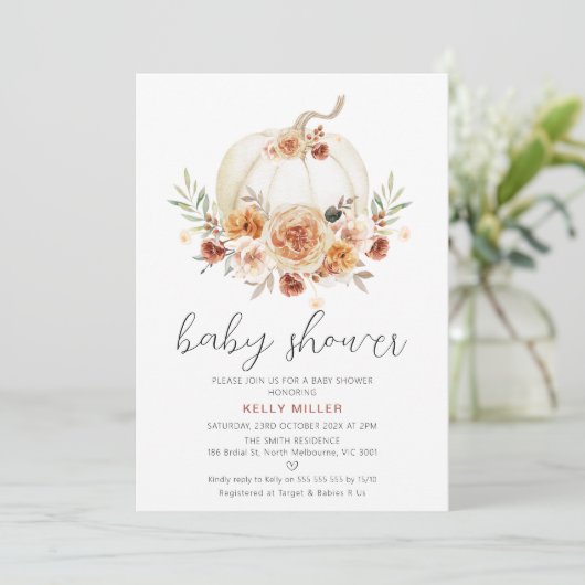 Invitation Automne Automne Citrouille Floral Baby shower (Debout devant)
