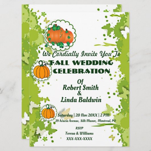 Invitation Automne Automne Citrouille orange Mariage vert (Devant / Derrière)