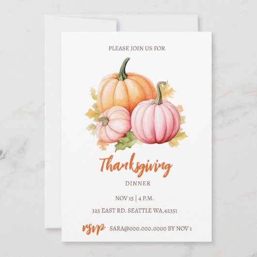 Invitation Automne Automne Citrouilles Thanksgiving Dîner (Devant)