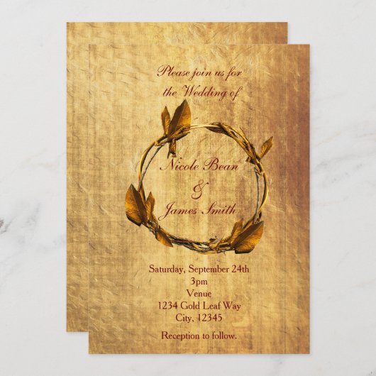 Invitation Automne Automne Faux Gold Leaf & Stick Wreath Mari (Devant / Derrière)