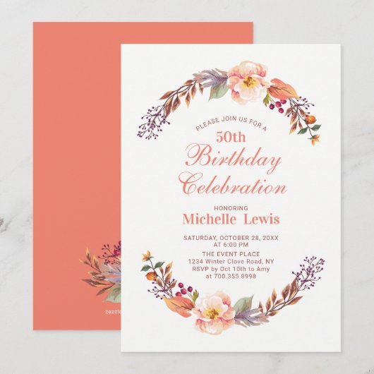 Invitation Automne/Automne Floral 50e Anniversaire Fête Invit (Devant / Derrière)