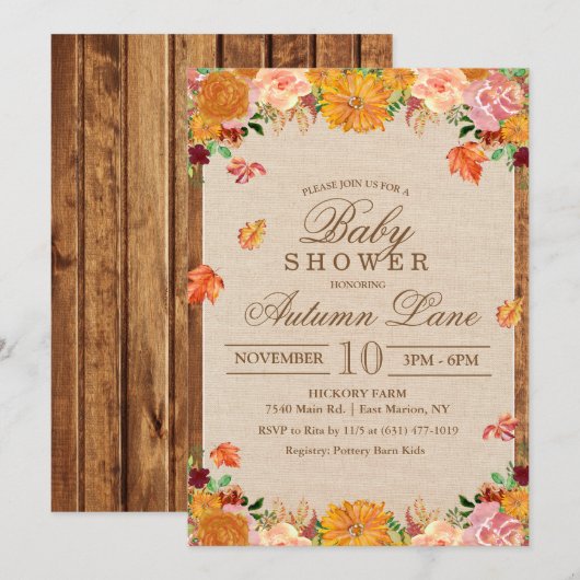 Invitation Automne Automne Rustique Floral Baby shower Invita (Devant / Derrière)