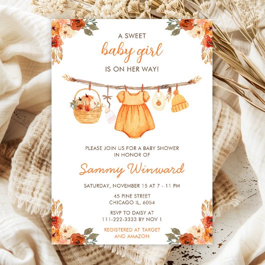 Invitation Automne Automne Vêtements Ligne Fille Baby shower