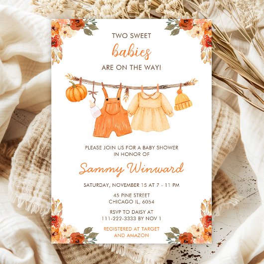 Invitation Automne Automne Vêtements Ligne Jumeaux Baby showe