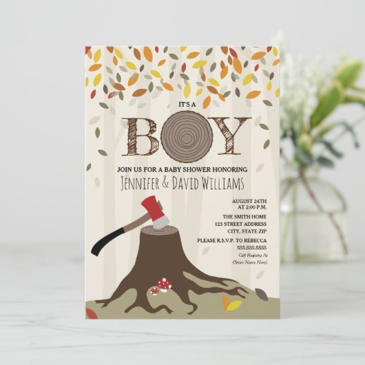 Invitation Automne Baby shower Automne Boy Lumberjack Douche (Debout devant)