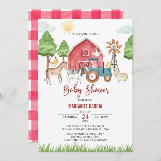 Invitation Automne Barnyard Animaux de ferme Baby shower Invi (Devant / Derrière)